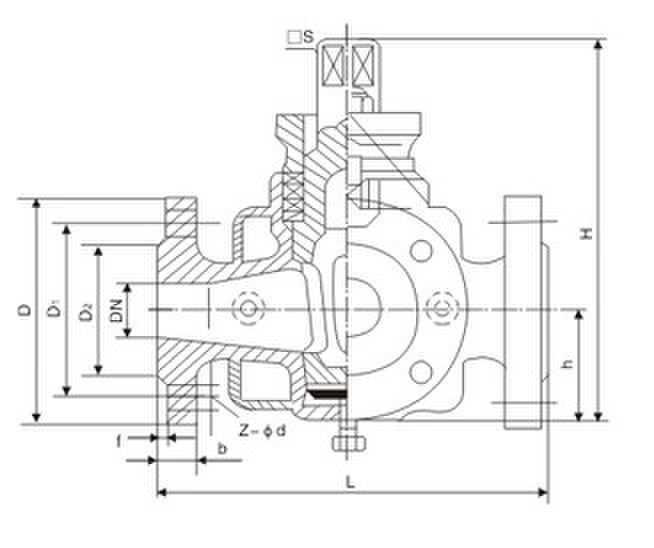 BX44W-10C/P法蘭式三通保溫旋塞閥外形結(jié)構(gòu)尺寸圖