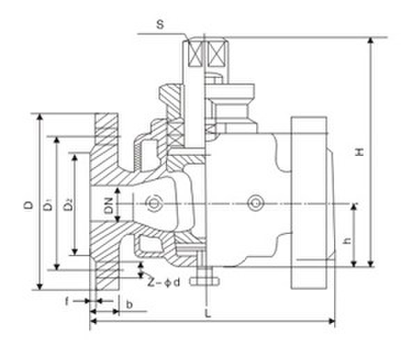 BX43W-10C/P二通保溫法蘭式碳鋼旋塞閥外形結(jié)構(gòu)尺寸